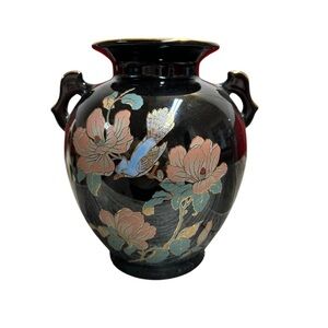Vintage Black Handle Blue Jay Pink Blossoms Japan Decor Vase